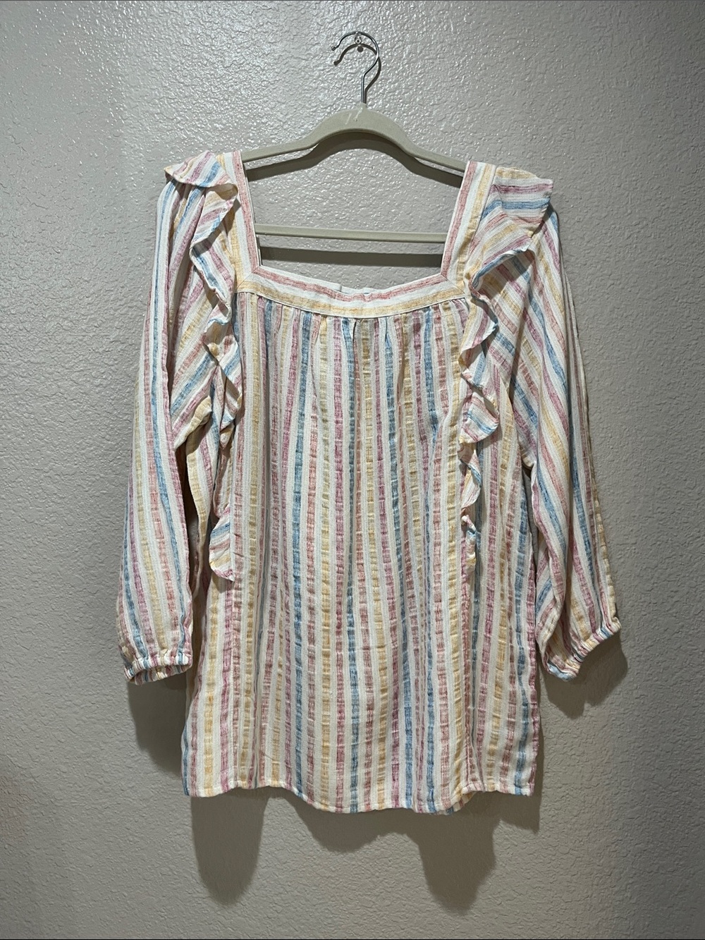 Chaps Pastel Multi-Striped Ruffle Square-Neck Blouse Sz L  Boho Cottage Core